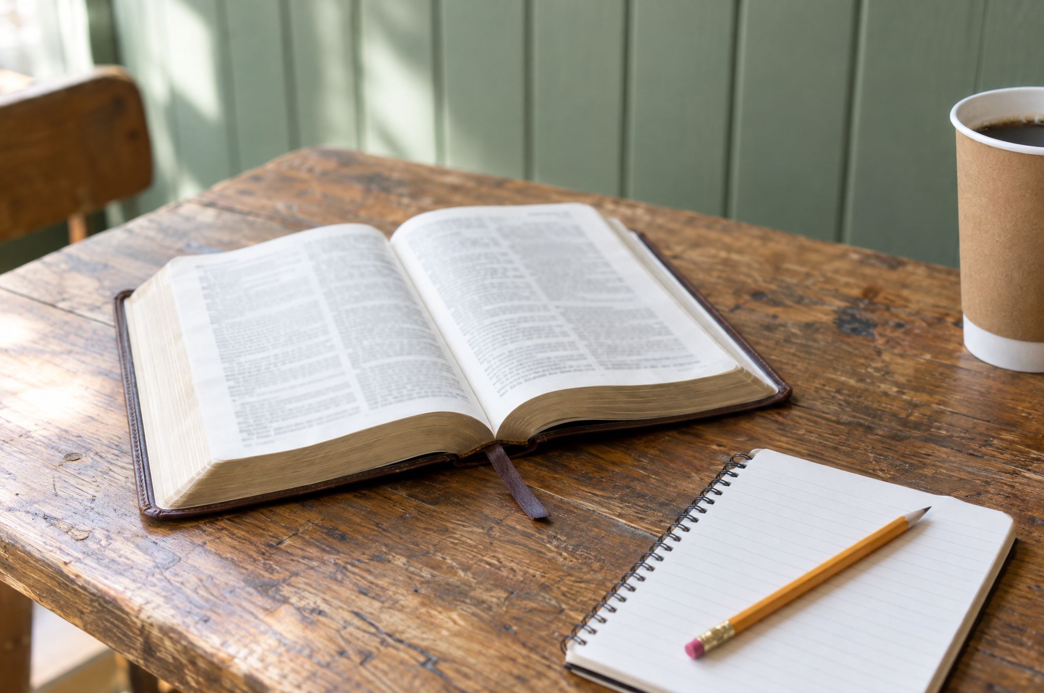 An open Bible, a notebook and a pencil on a wooden table